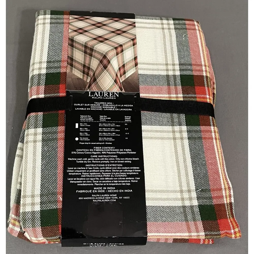 Lauren Ralph Lauren Plaid Tablecloth 60x104 Oblong New Tartan Red Green White